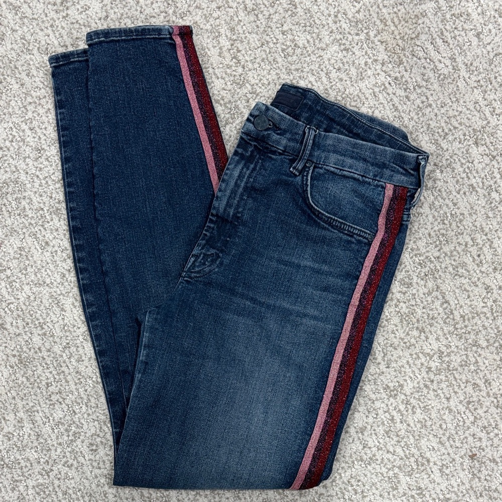 MOTHER High Waisted Looker Skinny Jeans w/ Glitter Side Stripe | Size 30